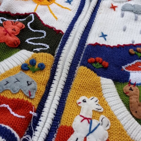 Vintage Handmade Animals & Friends Knitted Zip-Up Sweater - Picture 4 of 7